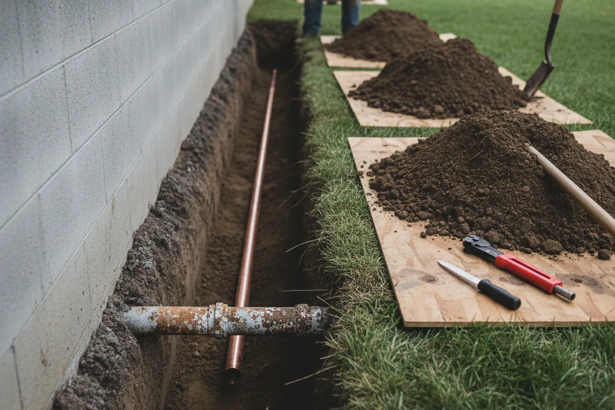 Excavated water line trench during Sewer Line Repair in Harbor City